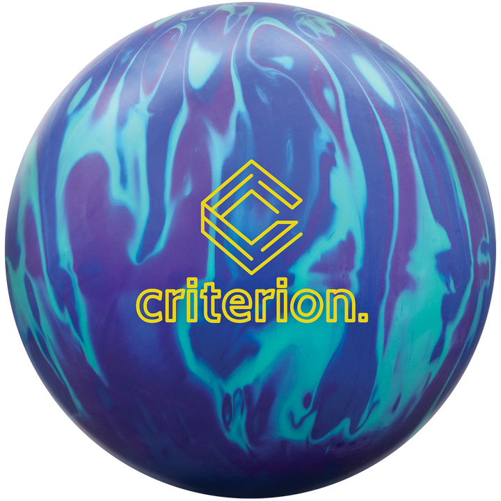 A purple, blue, and teal colored bowling ball with the Criterion logo in yellow.