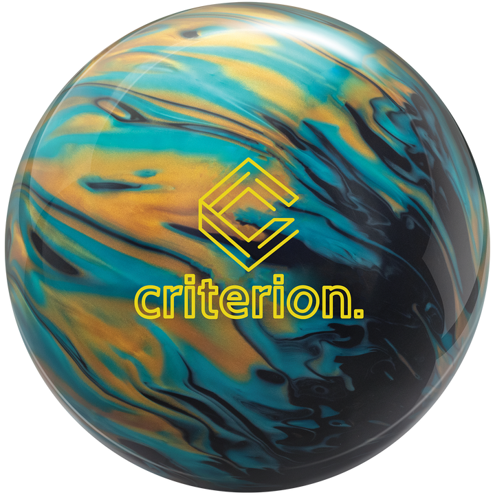A bowling ball with a swirl pattern featuring black, aquamarine, and gold colors, and the Criterion logo in yellow.