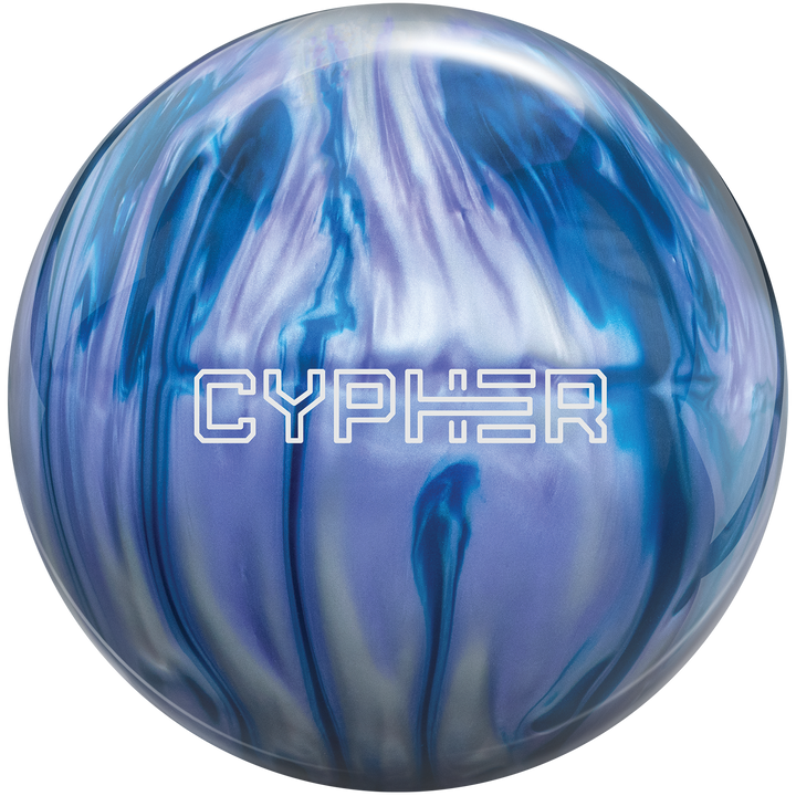 A blue, amethyst purple, and silver colored bowling ball with the Cypher logo in white.