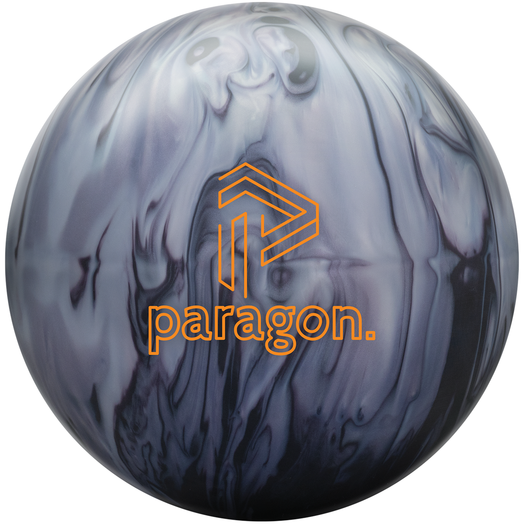 A bowling ball with a swirl pattern featuring black, ice white, and gray smoke colors, with the 'Paragon' brand logo in orange.