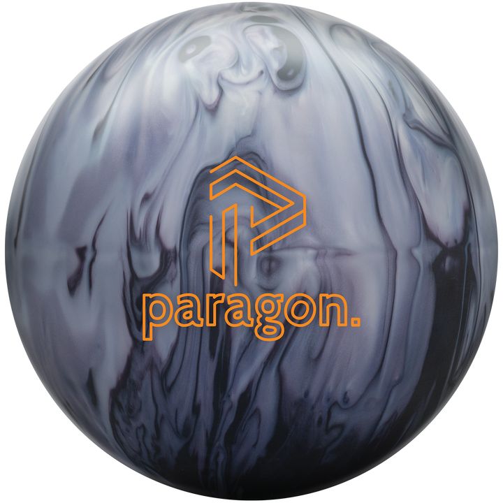 A bowling ball with a swirl pattern featuring black, ice white, and gray smoke colors, with the 'Paragon' brand logo in orange.