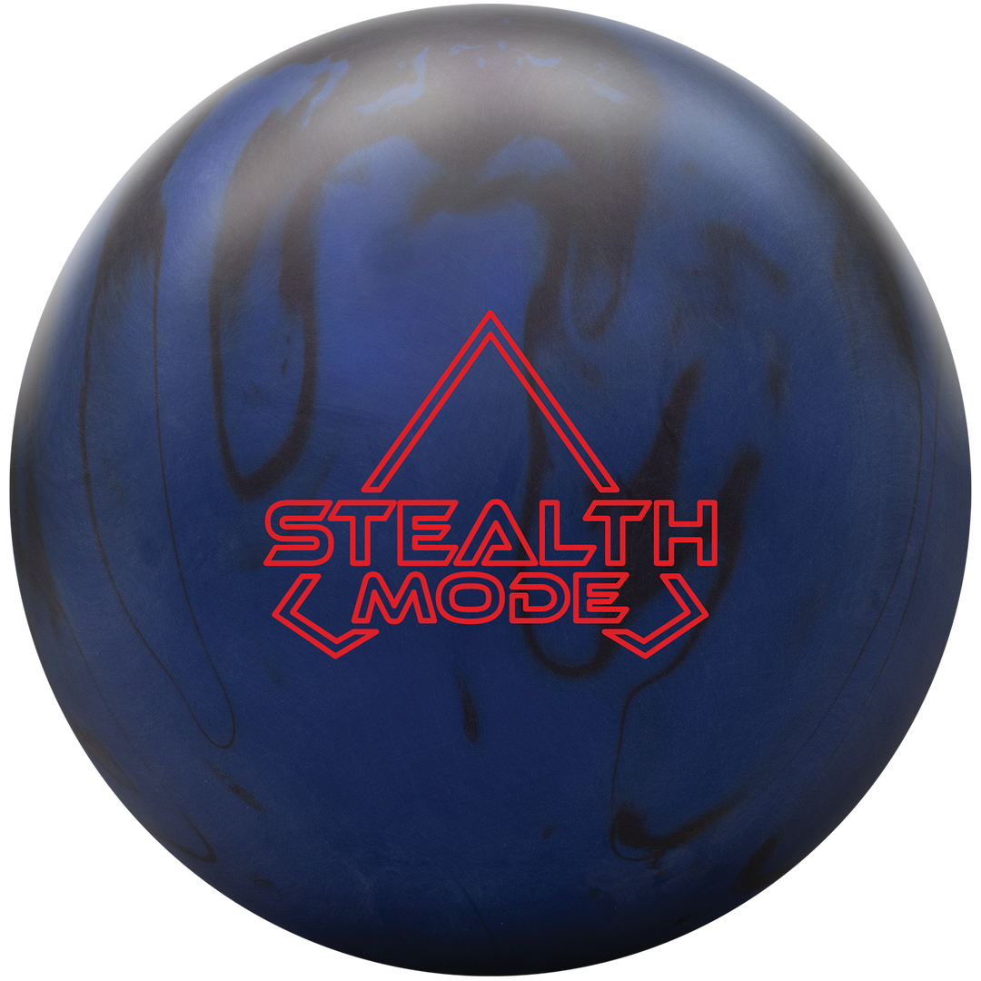 A navy blue and raven black bowling ball with the Stealth Mode logo in red.