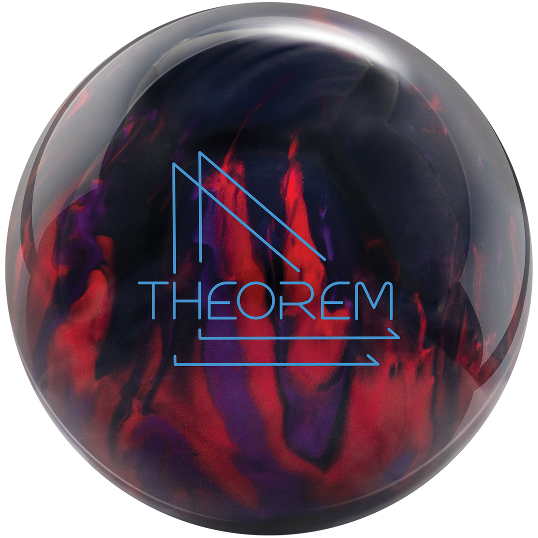 A black, red, and violet bowling ball with the Theorem logo in blue.
