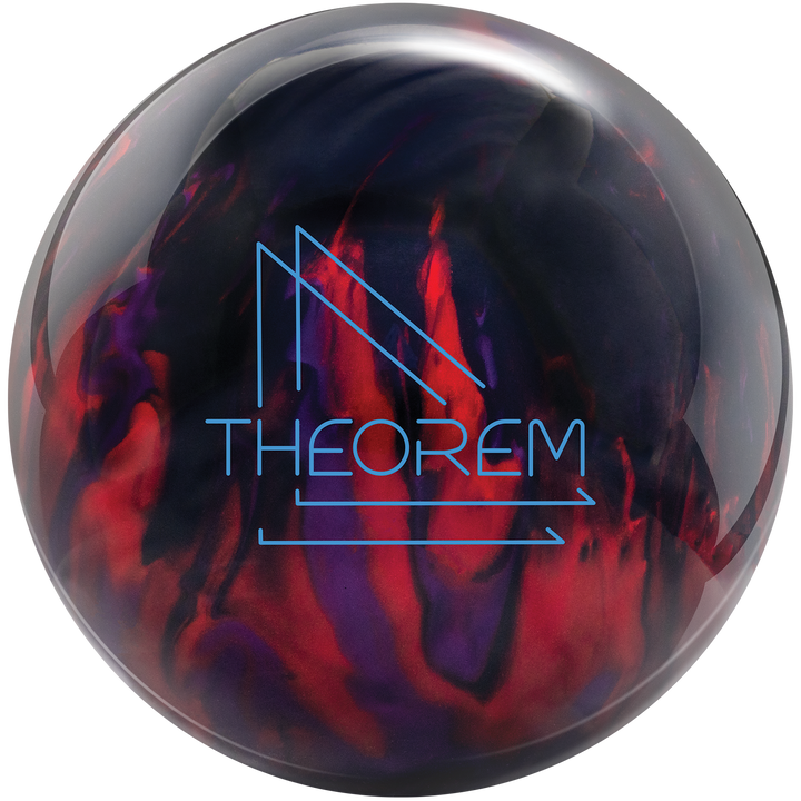 A black, red, and violet bowling ball with the Theorem logo in blue.