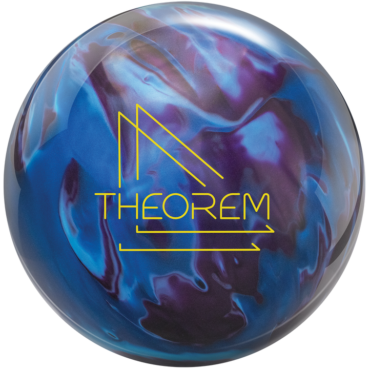 A purple, blue, and sky blue bowling ball with the Theorem logo in yellow.