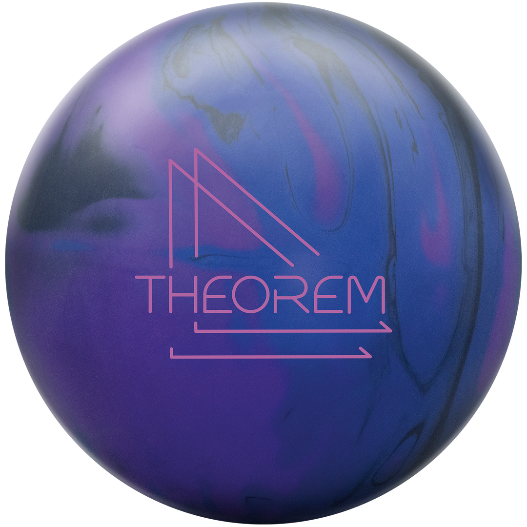 A royal blue, black and grape purple bowling ball with the Theorem logo in purple.