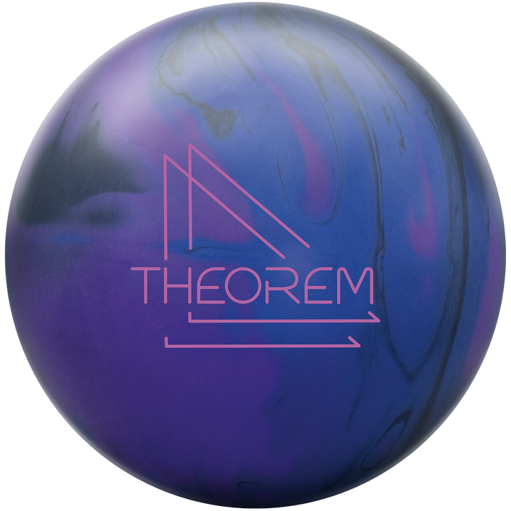 A royal blue, black and grape purple bowling ball with the Theorem logo in purple.