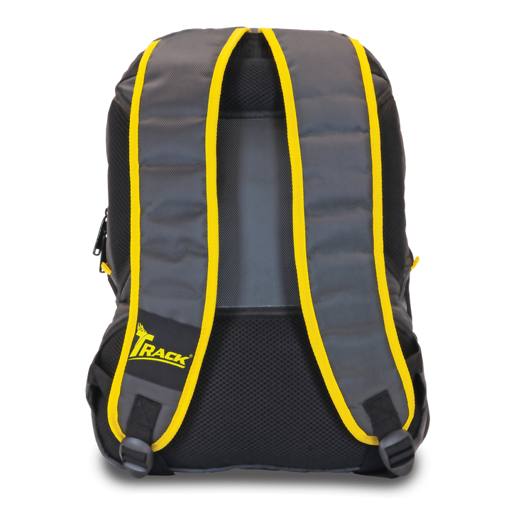 Select Backpack back view in grey, dark grey, and yellow