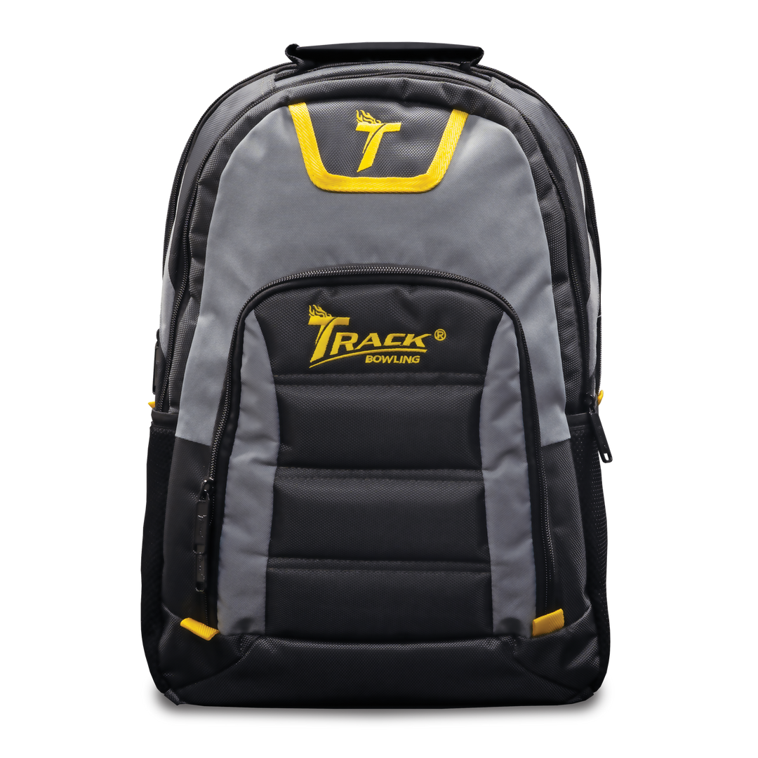 Select Backpack front view in grey, dark grey, and yellow