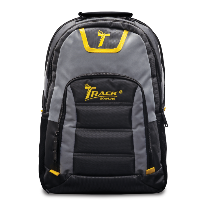 Select Backpack front view in grey, dark grey, and yellow