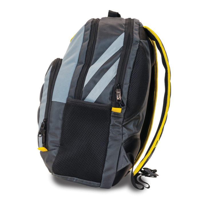 Select Backpack side view in grey, dark grey, and yellow