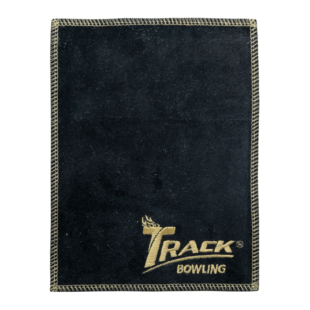 A black shammy pad with gold stitching around on all edges and the Track Bowling logo embroidered in gold thread in the lower right corner.