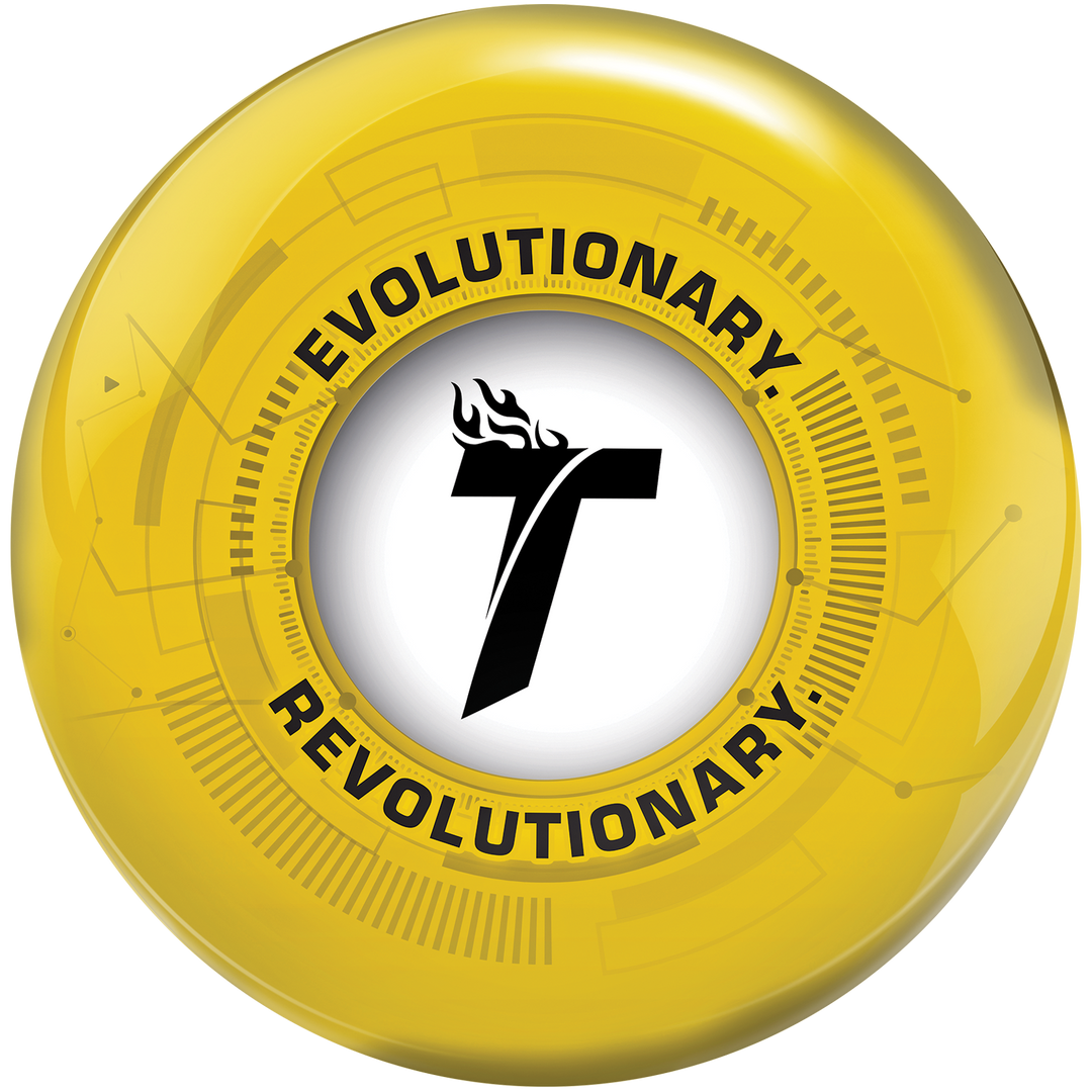A yellow bowling ball with technology graphics and the flaming "T" from Track Bowling in the center surrounded by the words, "Evolutionary and Revolutionary".
