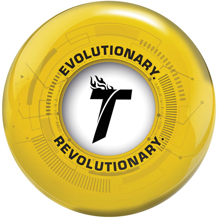 A yellow bowling ball with technology graphics and the flaming "T" from Track Bowling in the center surrounded by the words, "Evolutionary and Revolutionary".