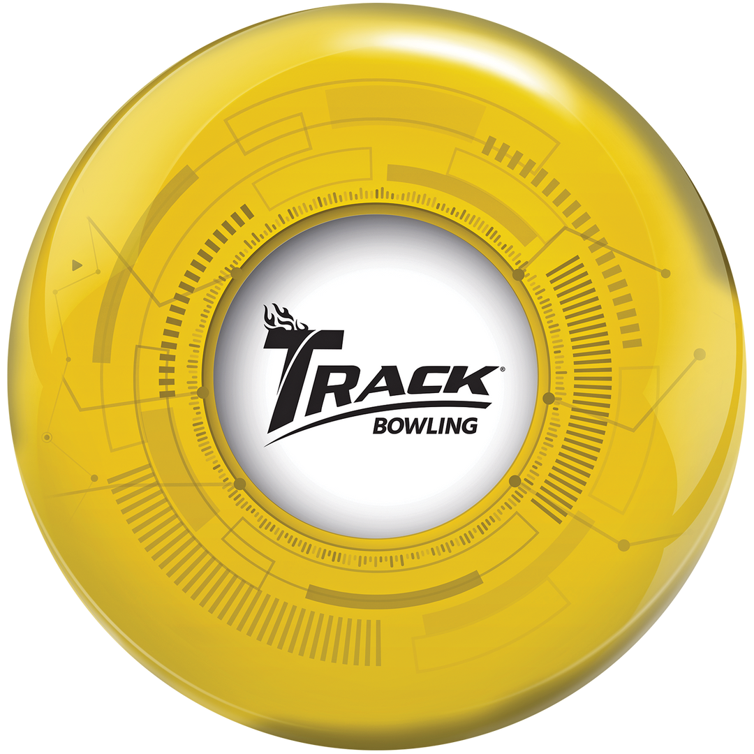 A yellow bowling ball with technology graphics and the Track Bowling logo in the center.