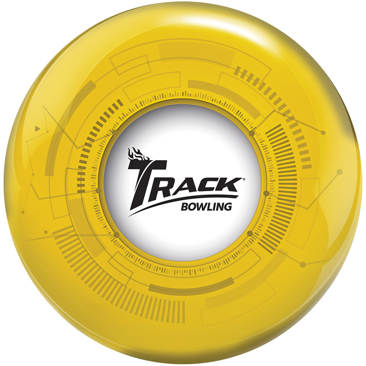A yellow bowling ball with technology graphics and the Track Bowling logo in the center.