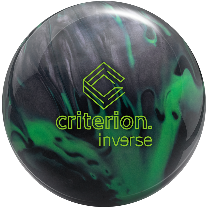 A black, smoke grey, and hot green colored bowling ball with the Criterion Inverse logo in bright green centered prominently.