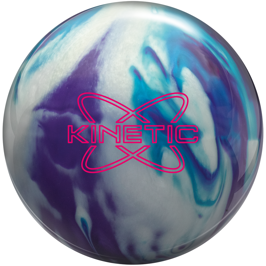 A purple, sky blue, and white colored bowling ball with the Kinetic logo in pink centered prominently.