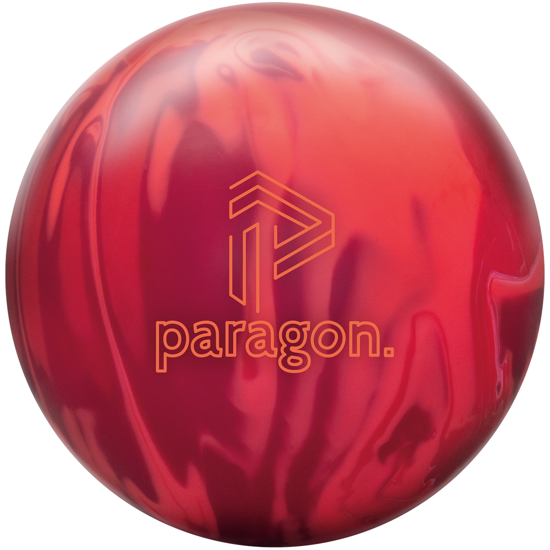 A red, scarlet, and crimson colored bowling ball with the Paragon logo in orange centered prominently.