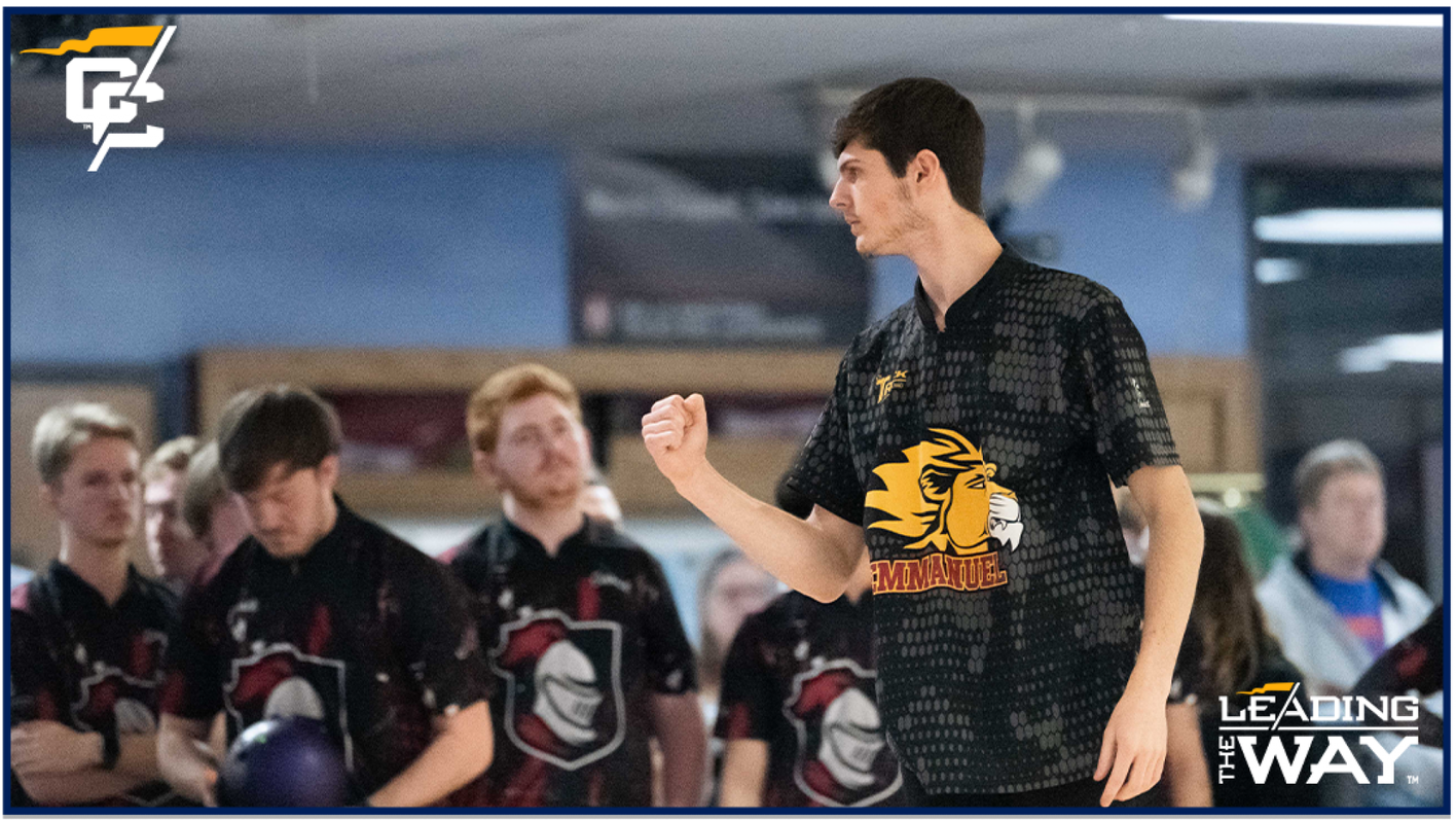 Male bowler from Emmanuel University pumping his fist.