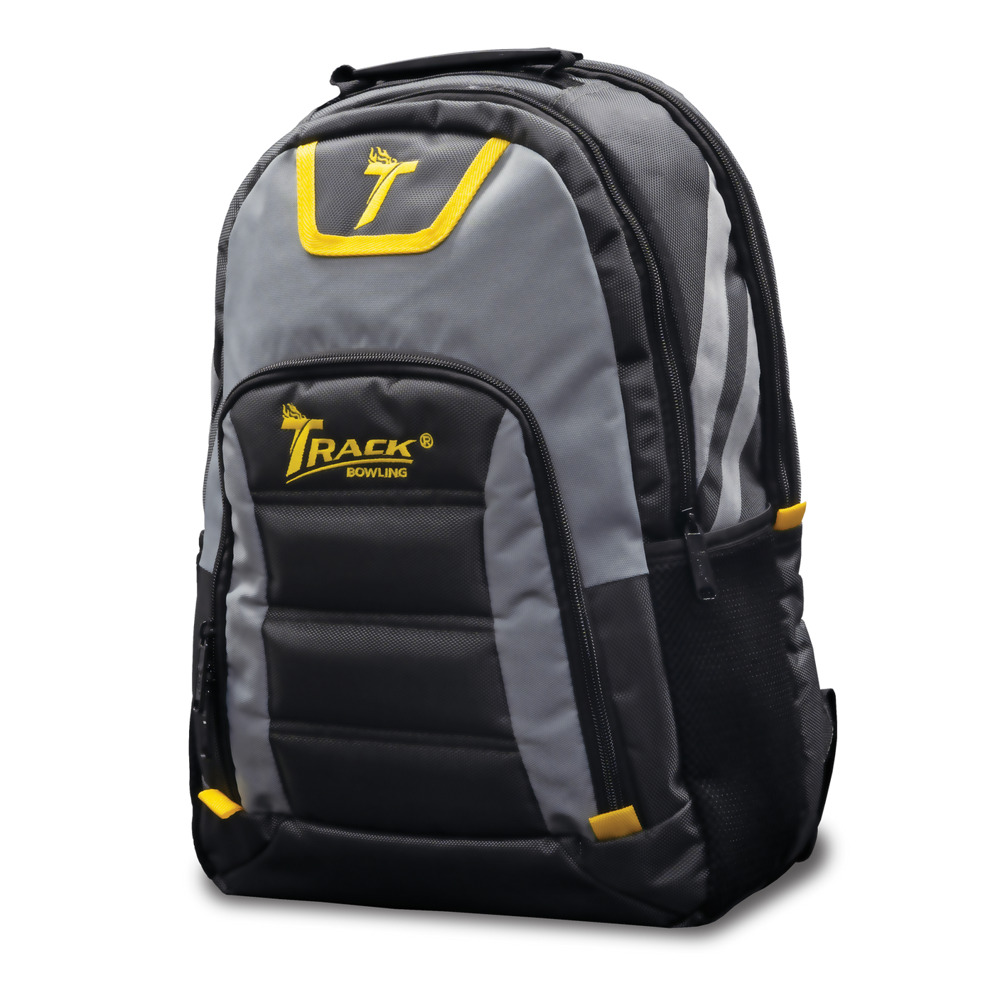 Select Backpack three-quarter view in grey, dark grey, and yellow