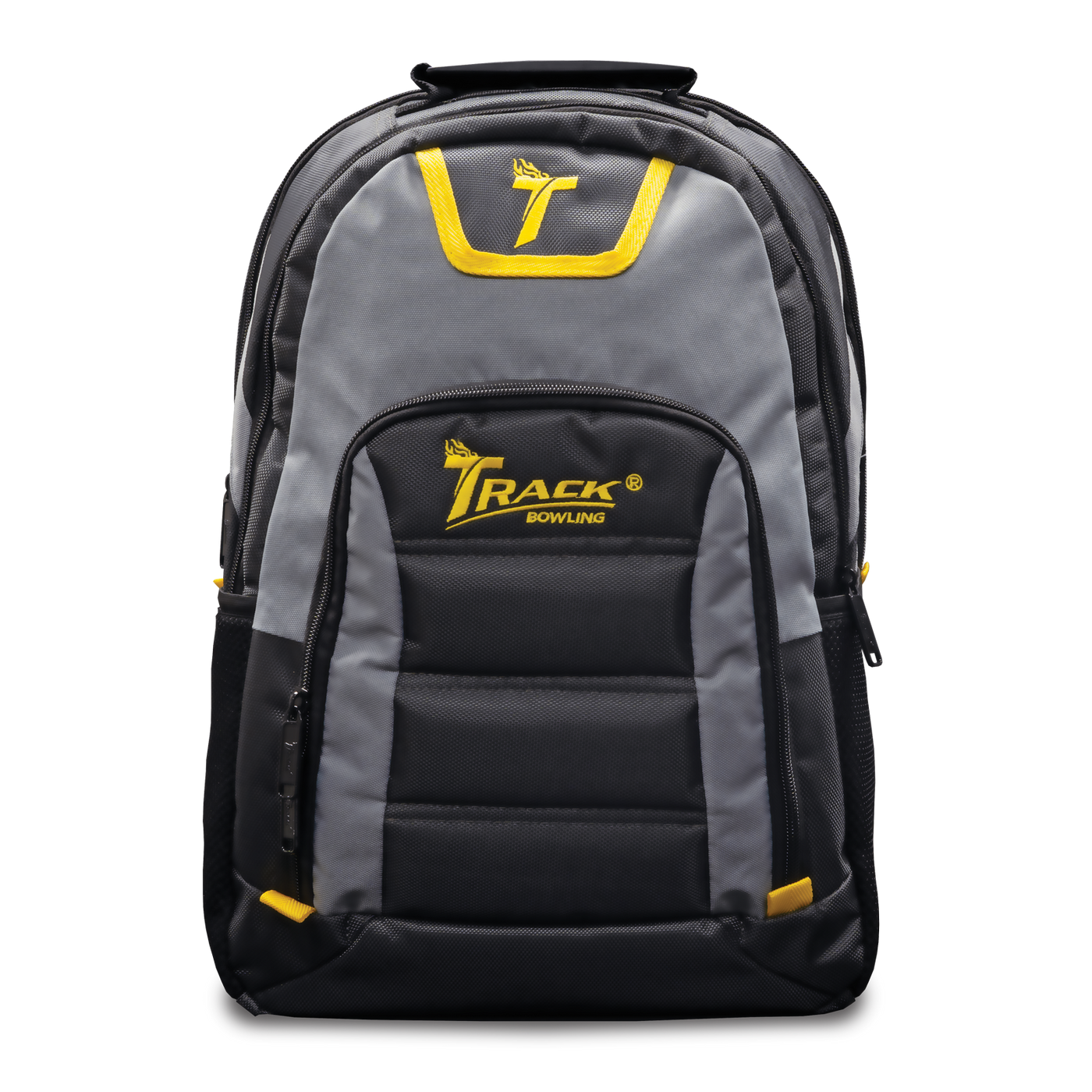 Select Backpack front view in grey, dark grey, and yellow