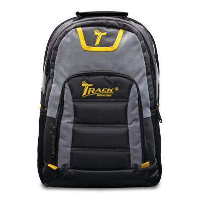 Select Backpack front view in grey, dark grey, and yellow