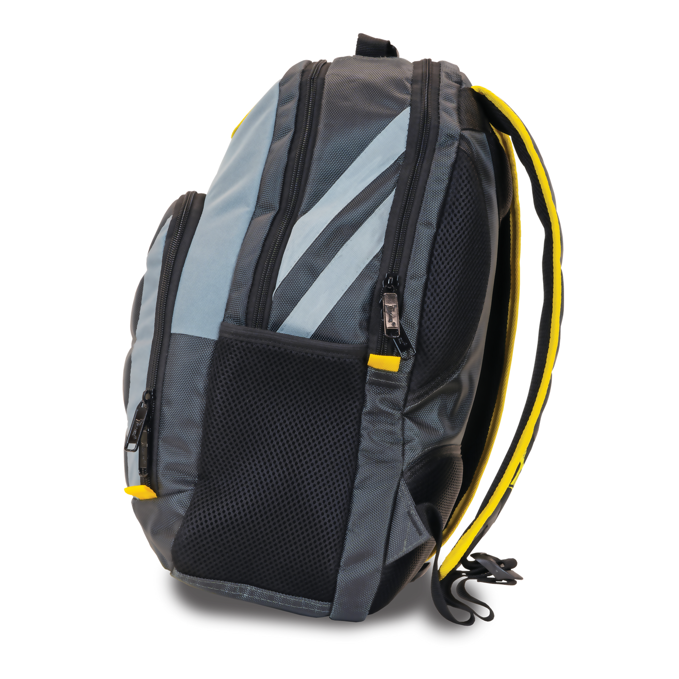 Select Backpack side view in grey, dark grey, and yellow